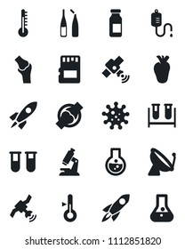 Set of vector isolated black icon - satellite antenna vector, blood test vial, dropper, microscope, ampoule, real heart, joint, virus, sd, thermometer, rocket, flask
