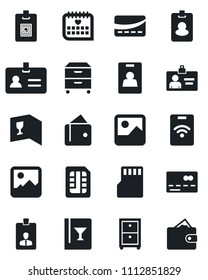Set of vector isolated black icon - credit card vector, identity, medical calendar, gallery, sd, sim, archive box, wine, pass, wallet