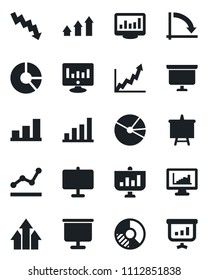 Set of vector isolated black icon - presentation board vector, crisis graph, statistic monitor, circle chart, statistics, bar, pie, point, arrow up, growth