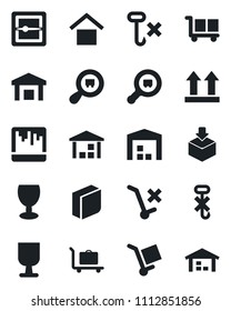 Set of vector isolated black icon - baggage trolley vector, fragile, cargo, warehouse storage, up side sign, no, hook, package, search, scanner, blank box