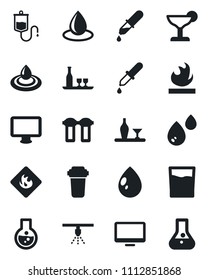 Set of vector isolated black icon - water drop vector, dropper, flammable, monitor, alcohol, drink, cocktail, filter, sprinkler, flask