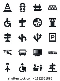 Set of vector isolated black icon - airport tower vector, plane radar, taxi, bus, parking, passport control, signpost, border cone, helicopter, disabled, route, traffic light, truck trailer