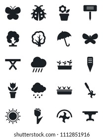 Set of vector isolated black icon - umbrella vector, sun, flower in pot, ripper, tree, butterfly, lady bug, seedling, rain, plant label, picnic table, tulip