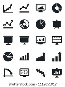 Set of vector isolated black icon - growth statistic vector, presentation board, crisis graph, circle chart, monitor pulse, statistics, bar, pie, point