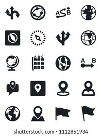 Set of vector isolated black icon - globe vector, seat map, route, navigation, earth, pin, mobile tracking, network, place tag, compass, flag