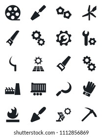 Set of vector isolated black icon - gear vector, trowel, glove, saw, sickle, truck trailer, flammable, reel, root setup, factory, sun panel, windmill, hard work