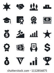 Set of vector isolated black icon - growth statistic vector, dollar sign, pedestal, medal, graduate, document, cash, sertificate, bar graph, career ladder, police, handshake, money bag, pennon