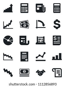 Set of vector isolated black icon - growth statistic vector, dollar sign, abacus, crisis graph, cash, receipt, news, bar, pie, point, handshake, contract, calculator