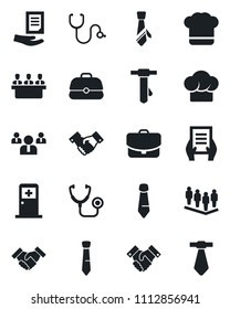 Set of vector isolated black icon - medical room vector, handshake, team, tie, document, stethoscope, meeting, cook hat, case