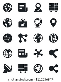 Set of vector isolated black icon - satellite antenna vector, bomb in case, globe, earth, pin, consolidated cargo, network, share, news, social media