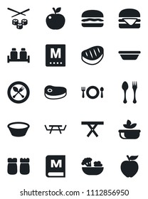Set of vector isolated black icon - spoon and fork vector, picnic table, cafe, menu, salad, salt pepper, steak, hamburger, bowl, sushi, apple fruit