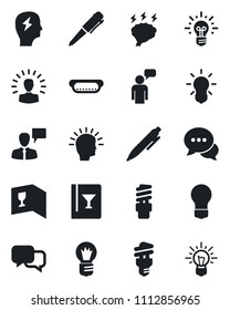 Set of vector isolated black icon - speaking man vector, pen, brainstorm, bulb, dialog, wine card, hot dog, energy saving, shining head, idea