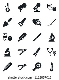 Set of vector isolated black icon - trowel vector, pruner, saw, stethoscope, blood pressure, thermometer, heart diagnostic, microscope, scalpel, microphone