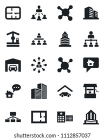 Set of vector isolated black icon - hierarchy vector, well, molecule, hospital, office building, garage, plan, home message