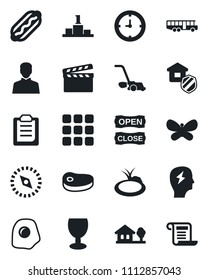 Set of vector isolated black icon - airport bus vector, brainstorm, lawn mower, butterfly, pond, clock, fragile, clapboard, menu, user, compass, clipboard, house with tree, estate insurance, steak