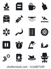 Set of vector isolated black icon - arrival vector, document, stamp, fire, sickle, syringe, sea shipping, pause button, alarm, checklist, desk lamp, archive box, coffee, chicken, cutting board