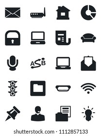 Set of vector isolated black icon - waiting area vector, mail, circle chart, house, traffic light, route, news, microphone, laptop pc, folder, lock, drawing pin, document, support, wireless, hot dog