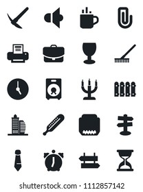 Set of vector isolated black icon - hot cup vector, signpost, tie, rake, thermometer, fragile, speaker, hdmi, clock, alarm, paper clip, printer, fence, office building, candle, case, hard work, sand