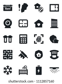 Set of vector isolated black icon - plan vector, rent, children room, sweet home, city house, estate insurance, rolling pin, chip, fingerprint, web camera, snowflake, water filter, smoke detector