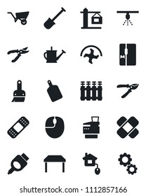 Set of vector isolated black icon - mouse vector, shovel, ripper, watering can, wheelbarrow, pruner, patch, hdmi, themes, copier, table, fridge, crane, cutting board, home control, radiator, gear