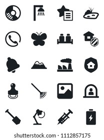 Set of vector isolated black icon - reception vector, job, factory, circle chart, rake, butterfly, syringe, favorites list, gallery, bell, desk lamp, stamp, pond, mountains, phone, estate insurance