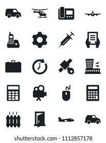 Set of vector isolated black icon - plane vector, helicopter, airport building, case, mouse, document, syringe, satellite, video camera, radio phone, settings, calculator, heater, intercome, door