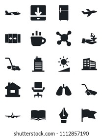 Set of vector isolated black icon - automatic door vector, plane, book, coffee, lawn mower, lungs, molecule, download, brightness, ink pen, office chair, house, building, city, fridge, palm sproute