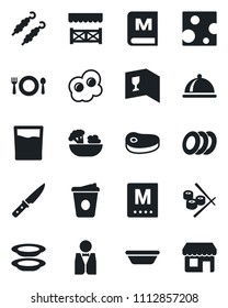 Set of vector isolated black icon - coffee vector, waiter, dish, cafe, wine card, menu, drink, salad, plates, alcove, steak, kebab, bowl, knife, sushi, omelette, cheese, storefront