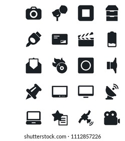 Set of vector isolated black icon - satellite antenna vector, clapboard, flame disk, camera, microphone, speaker, tv, monitor, laptop pc, favorites list, paper pin, low battery, mail, stop button