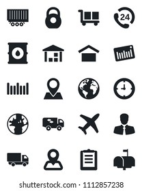 Set of vector isolated black icon - navigation vector, earth, pin, plane, 24 hours, client, truck trailer, car delivery, clock, clipboard, cargo, warehouse storage, heavy, oil barrel, barcode