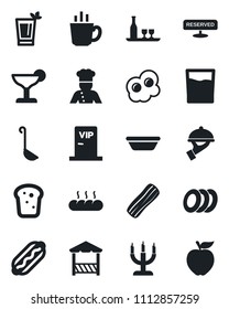 Set of vector isolated black icon - cook vector, alcohol, reserved, drink, cocktail, phyto bar, coffee, plates, bacon, waiter, bread, candle, vip zone, alcove, hot dog, ladle, bowl, omelette