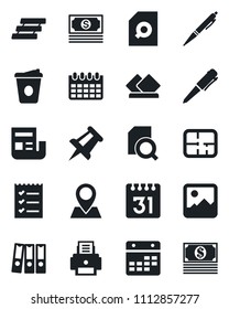 Set of vector isolated black icon - pen vector, coffee, drawing pin, calendar, cash, gallery, news, document search, checklist, paper binder, printer, tray, plan, serviette