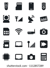 Set of vector isolated black icon - camera vector, notebook pc, barcode, satellite antenna, remote control, fast forward, phone back, sd, sim, wireless, face id, cellular signal, chip, router