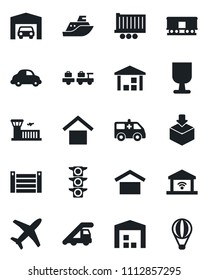 Set of vector isolated black icon - baggage larry vector, ladder car, airport building, ambulance, plane, traffic light, sea shipping, truck trailer, delivery, container, fragile, warehouse storage
