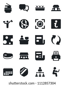 Set of vector isolated black icon - dispatcher vector, hierarchy, manager place, seedling, term, shield, network, dialog, update, news, printer, copier, cafe building, steak, cheese, eye scan
