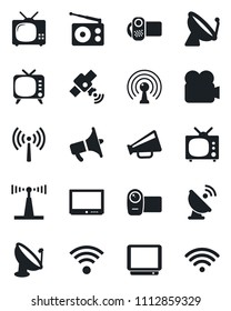 Set of vector isolated black icon - antenna vector, satellite, radio, loudspeaker, tv, video camera, wireless