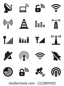 Set of vector isolated black icon - antenna vector, wireless notebook, border cone, radar, satellite, equalizer, mute, cellular signal, lock