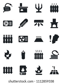 Set of vector isolated black icon - fire vector, hose, fireplace, thermometer, heater, air conditioner, candle, water, smoke detector, radiator, warm floor