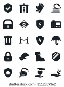 Set of vector isolated black icon - fence vector, security gate, trash bin, glove, boot, hose, heart hand, umbrella, shield, protect, lock, eye id, intercome, home, palm sproute