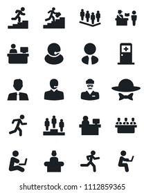Set of vector isolated black icon - passport control vector, reception, medical room, pedestal, team, manager place, run, doctor, support, meeting, career ladder, estate agent, dress code