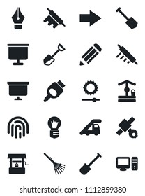 Set of vector isolated black icon - right arrow vector, ladder car, presentation board, bulb, job, pencil, shovel, rake, well, satellite, hdmi, brightness, fingerprint id, ink pen, rolling pin, pc