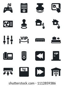 Set of vector isolated black icon - baggage conveyor vector, stamp, scales, gamepad, settings, fast forward, rewind, air conditioner, vip zone, home control, remote, intercome, app, garage gate