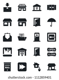 Set of vector isolated black icon - automatic door vector, shop, medical room, store, umbrella, package, mail, fast forward, scanner, document folder, mailbox, open close, home control, garage gate
