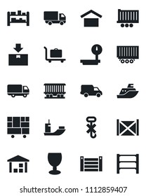 Set of vector isolated black icon - baggage trolley vector, railroad, sea shipping, truck trailer, car delivery, container, consolidated cargo, fragile, warehouse storage, no hook, package, rack