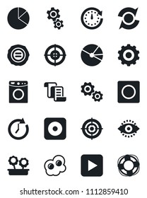 Set of vector isolated black icon - gear vector, contract, stamp, play button, rec, record, eye id, update, pie graph, target, flower in pot, omelette, washer, clock, crisis management