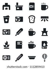 Set of vector isolated black icon - coffee machine vector, fire, fireplace, thermometer, air conditioner, bread, bowl, water heater, balloon