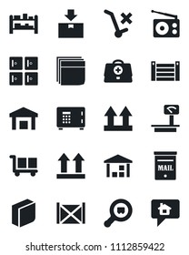 Set of vector isolated black icon - safe vector, checkroom, doctor case, container, cargo, up side sign, no trolley, warehouse, package, heavy scales, search, rack, radio, blank box, mailbox