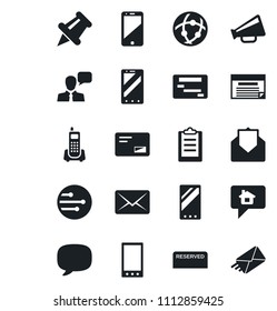 Set of vector isolated black icon - mobile phone vector, office, loudspeaker, cell, speaker, paper pin, mail, message, network, clipboard, reserved, home, schedule
