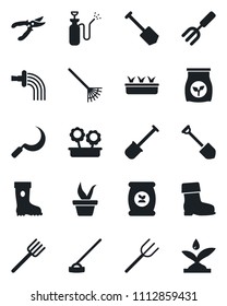 Set of vector isolated black icon - job vector, garden fork, shovel, farm, rake, seedling, watering, pruner, boot, hoe, sickle, sprayer, fertilizer, flower in pot, irrigation