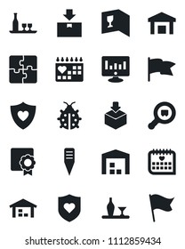Set of vector isolated black icon - statistic monitor vector, lady bug, plant label, heart shield, medical calendar, warehouse, package, search cargo, application, sertificate, alcohol, wine card